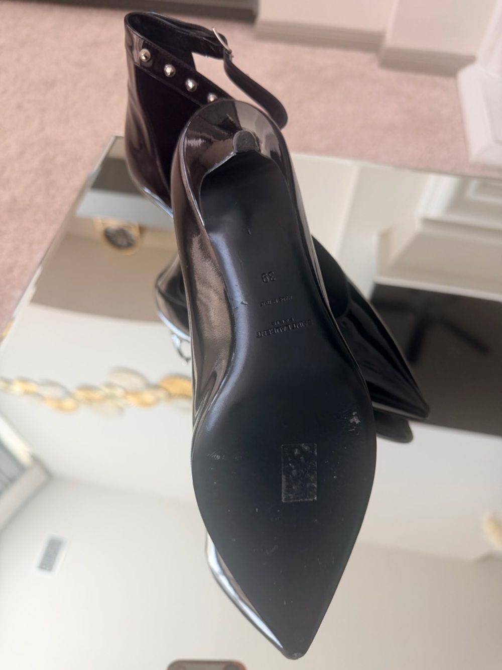 Saint Laurent Black Patent Leather Pointed Slingbacks with Silver Studs - Picture 3 of 6